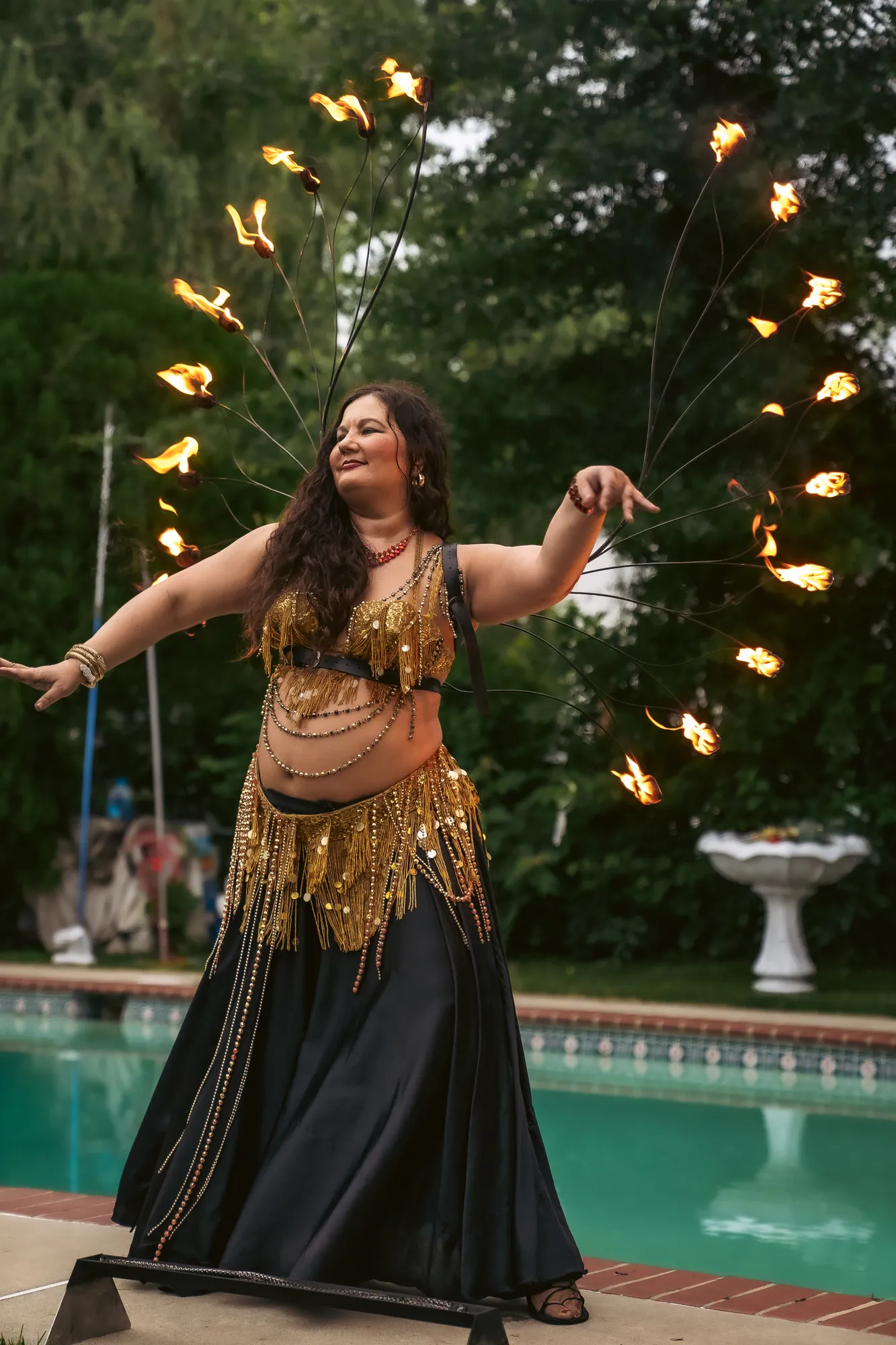 Lorenda performing with fire at a wedding celebration